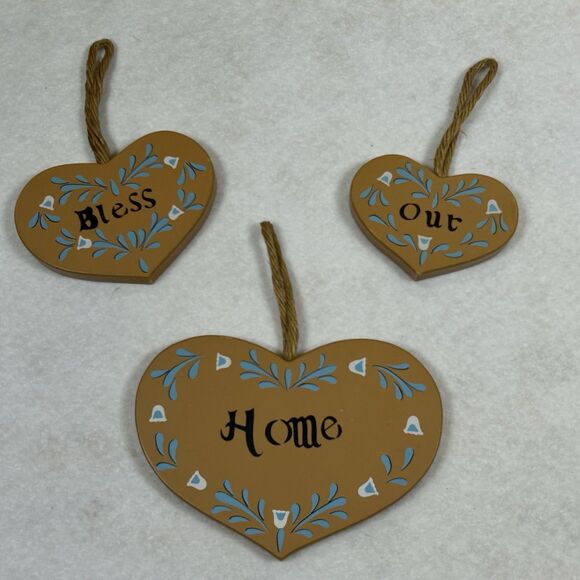 Vtg Wooden Heart Plaques "Bless Our Home" Rope Hanging Country Decor Cottagecore - Picture 8 of 9